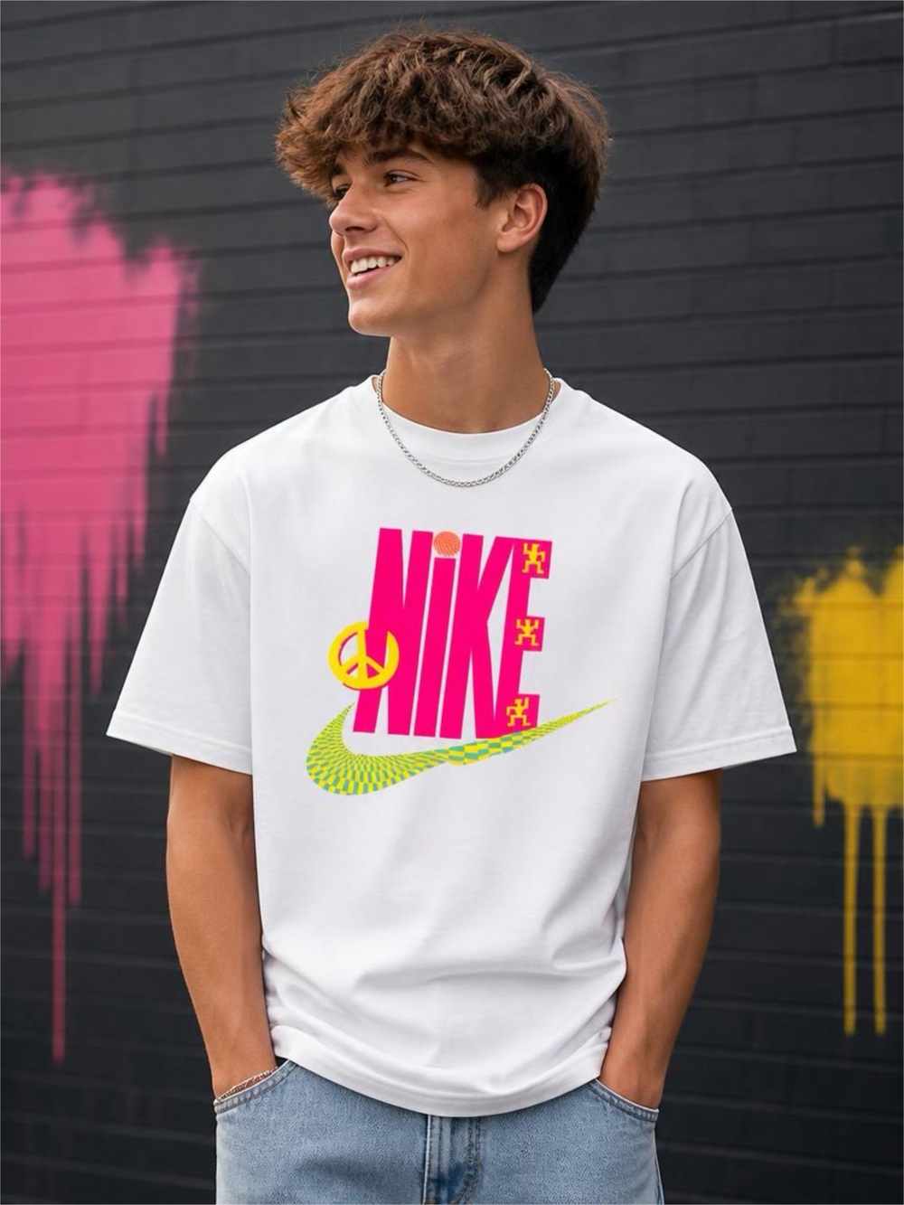Nike White Short-Sleeve Tee with Pink Logo and Neon Yellow Swoosh